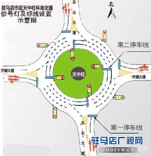 天中柱环岛路交通信号灯及标线设置示意图(图片来自网络)