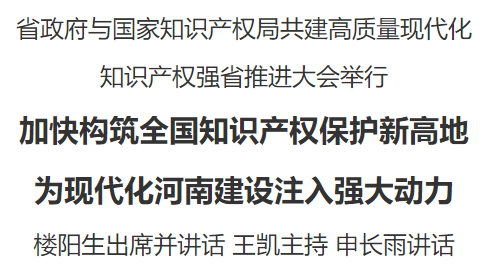 河南省政府与国家知识产权局共建高质量现代化知识产权强省推进大会举行