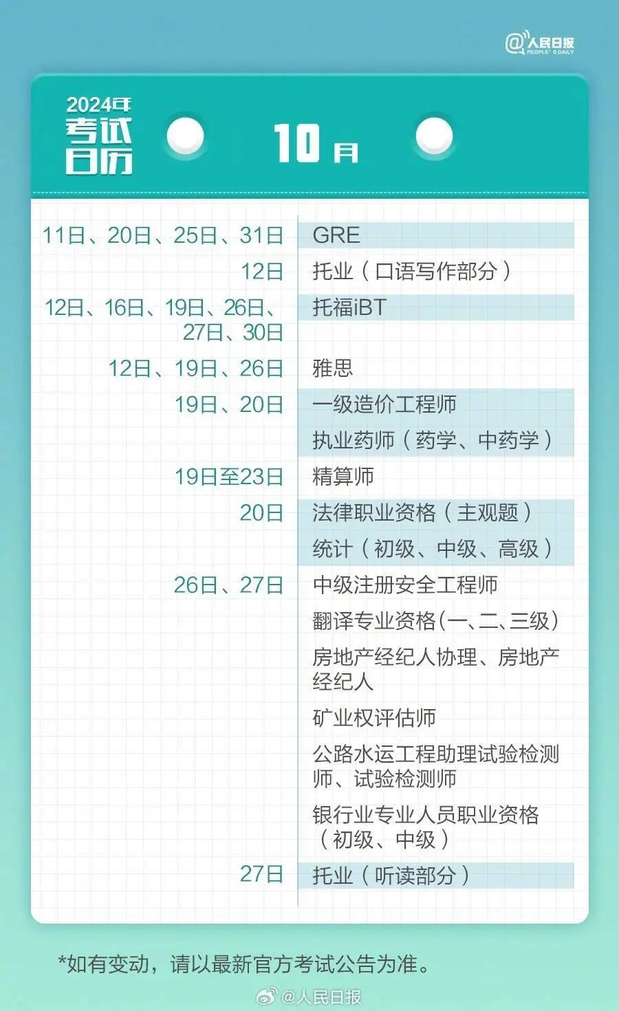 大学生注意！2024全年考试时间表来了